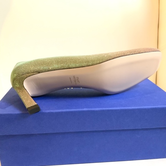 Stuart Weitzman Chelsea Gold Heel Pump Square Toe Dress Evening Fashion Shoe 9.5 - Picture 9 of 14